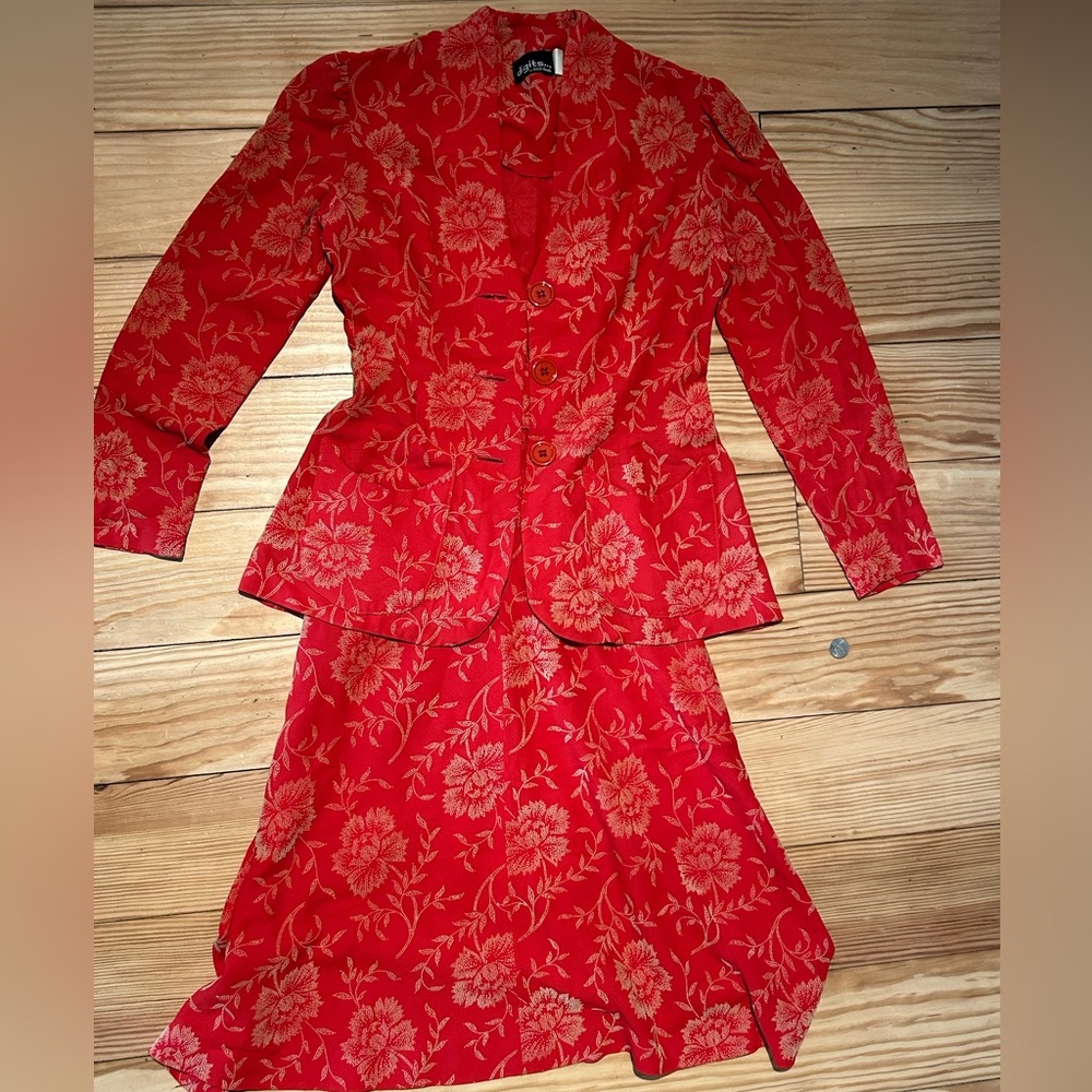 Rare 1970s floral printed red Willi Smith “Digits” skirtsuit